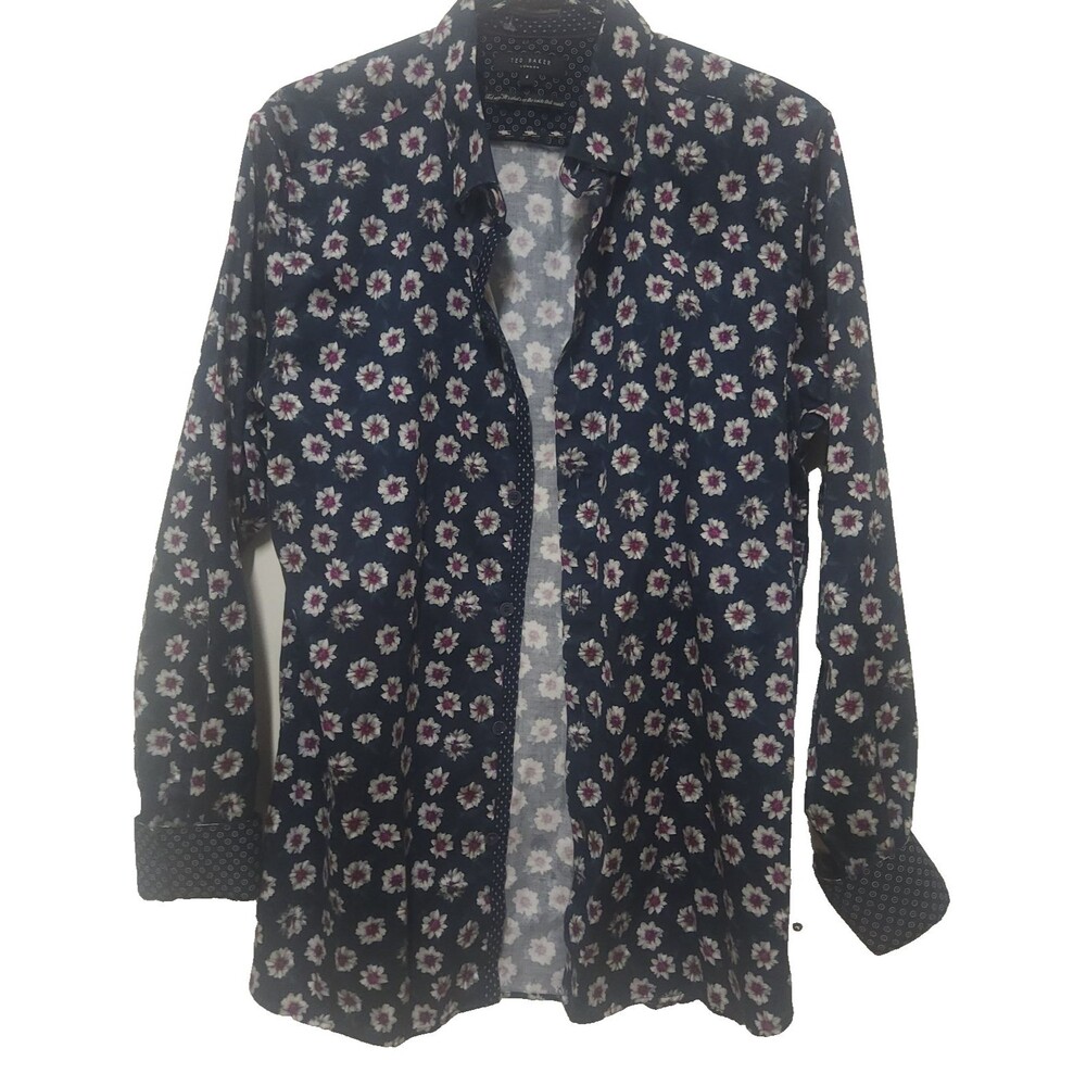 Ted Baker London Blue Floral Print Cotton Button Down Shirt Mens 4 US Large